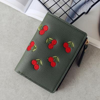 PU lederen Cherry borduurwerk Coin Purse kaarthouders (donkergroen)