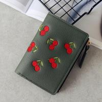 PU lederen Cherry borduurwerk Coin Purse kaarthouders (donkergroen)