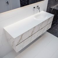 Mondiaz Vica Moon badmeubel wit carrara mat 150 cm 4 lades solid surface enkele spoelbak rechts zonder kraangat