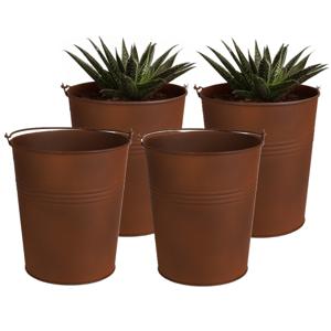 Plantenpot/bloempot emmer voor buiten - 4x - zink - roestbruin - D13 x H14 cm