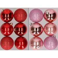 12x stuks kunststof kerstballen mix van rood en roze 8 cm - thumbnail