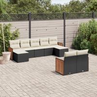 9-delige Loungeset met kussens poly rattan zwart