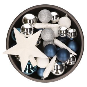 33x stuks kunststof kerstballen met piek 5-6-8 cm blauw/wit/zilver incl. haakjes   -