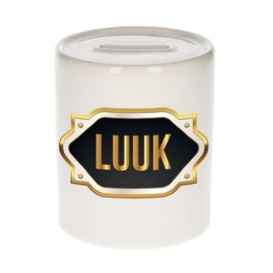 Naam cadeau spaarpot Luuk met gouden embleem