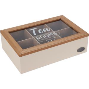 Theedoos - 6-vaks - beige/bruin - hout - 24 x 16 x 7 cm - theekist - glazen deksel