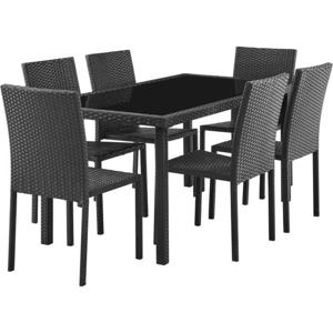 Tuinset Tafel van gehard glas en 8 stoelen van zwart geweven hars - Tafel 160 x 80 x 73 cm - Stoel: 44 x 54 x 88 cm - A