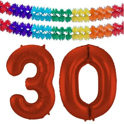 Folat Verjaardag Leeftijd folieballon - 30 jaar - rood - 86 cm - incl 2x slingers