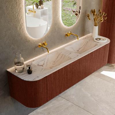 Badmeubel Mondiaz Kurve-Dlux | 180 cm | Meubelkleur Ruby | Wastafelkleur Nata | Solid surface | Wasbak beide zijden spoelbak | Zonder kraangat(en)