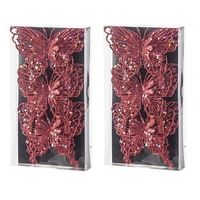 6x Kerstversieringen vlinders op clip glitter rood 11 cm   - - thumbnail