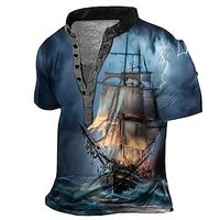 Voor heren Henley-shirt Grafisch Schip Henley Kleding 3D-afdrukken Buiten Dagelijks Korte mouw Afdrukken Button-omlaag Modieus Casual Comfortabel Lightinthebox