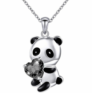 Zilverkleurige Ketting met Panda Hanger en Zwart Kristallen Hart - Sieraden - Spiritueelboek.nl