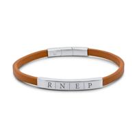 Graveerbare initialen leren mannen armband cognac - Stainless steel ZILVER - Zilver