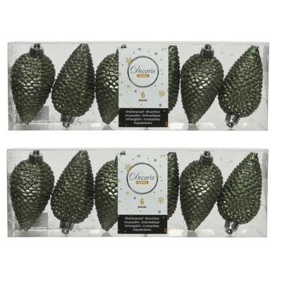 Kersthangers dennenappels - 12x st - mosgroen - glitter - 8 cm - kunststof - kerstversiering Kersthangers dennenappels - 12x st - mosgroen - glitter - 8 cm - kunststof - kerstversiering