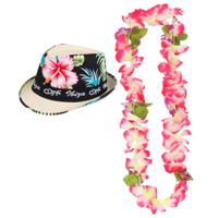 Hawaii thema party verkleedset - Trilby strohoedje - bloemenkrans roze/wit - Tropical toppers - thumbnail