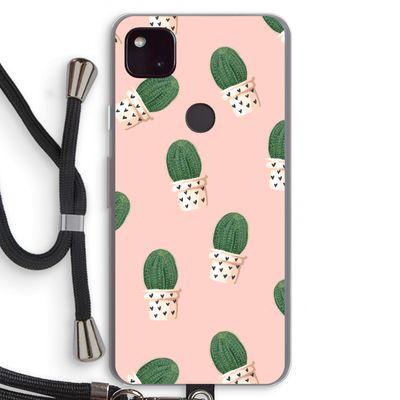 Cactusprint roze: Pixel 4a 5G Transparant Hoesje met koord
