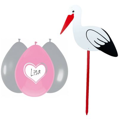 Geboorte versiering meisje - ooievaar geboorte bord - 100 cm hoog - 6x roze ballonnen