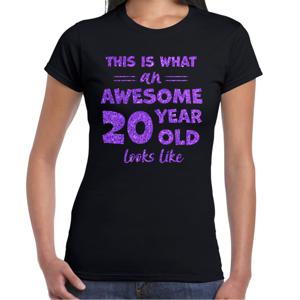 Verkleed T-shirt voor dames - leeftijd 20 jaar - awesome - zwart - glitter paars - Verjaardagsfeest