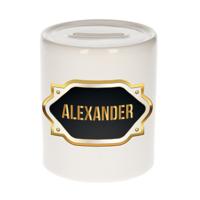 Spaarpot met voornaam Alexander - wit - goud/zwart embleem - 8 x 9 cm - keramiek - afsluitdop
