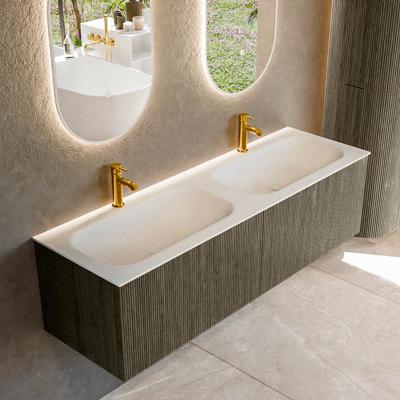 Badmeubel Mondiaz Kurve | 150 cm cm | Meubelkleur Shadow | Wastafelkleur Talc | Solid surface | Wasbak beiden zijden spoelbak | 2 kraangaten