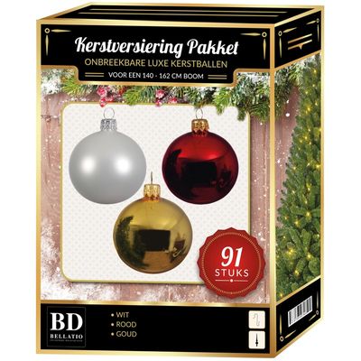 Kerstbal en piek set 91x goud-wit-rood voor 150 cm boom