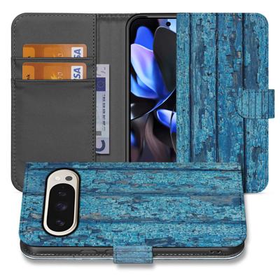 Portemonnee Hoesje Google Pixel 10 Pro Deluxe Edition | Wood Blue Afgebladderd Hout Met Pasjes