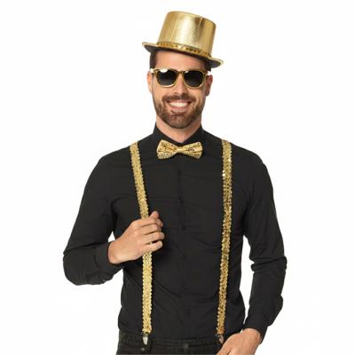 Carnaval Verkleedset - bretels/bril/strik en hoed - goud - disco/seventies/80's - themafeest