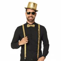 Carnaval Verkleedset - bretels/bril/strik en hoed - goud - disco/seventies/80's - themafeest