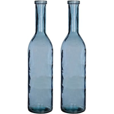 Set van 2x stuks transparante/blauwe fles vaas/vazen van eco glas 18 x 75 cm Set van 2x stuks transparante/blauwe fles vaas/vazen van eco glas 18 x 75 cm