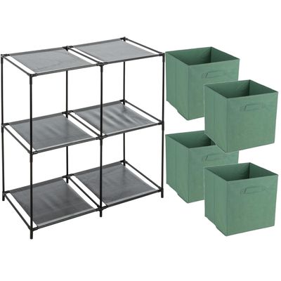 Opbergrek 2-laags - metaal - kunststof - zwart - 67 x 68 cm - incl. 4 opbergmanden groen