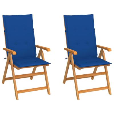 Tuinstoelen 2 st met koningsblauwe kussens massief teakhout