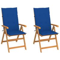 Tuinstoelen 2 st met koningsblauwe kussens massief teakhout
