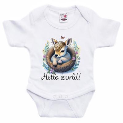 Baby rompertje - hallo wereld - hertje - wit - kraam cadeau - babyshower - cadeau romper