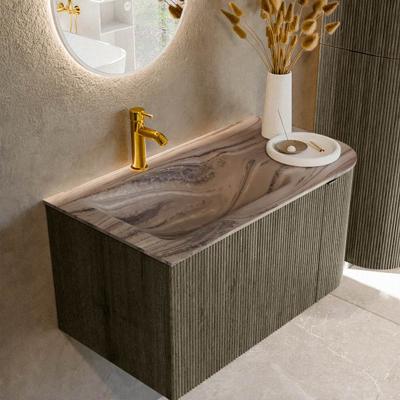Badmeubel Mondiaz Kurve-Dlux | 85 cm | Meubelkleur Shadow | Wastafelkleur Sombra | Solid surface | Wasbak linker zijde spoelbak | 1 kraangat