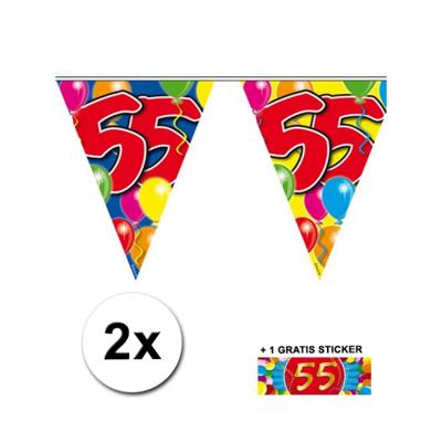 Leeftijd versiering - 2x vlaggenlijnen 55 jaar - met gratis sticker - feestartikelen - verjaardag
