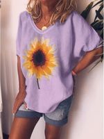 Loose casual sunflower print short sleeve round neck T-shirt - thumbnail