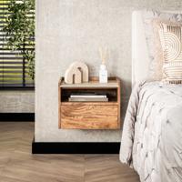 LifestyleFurn Hangend Nachtkastje 'Beckie' Mangohout en travertinlook, Met open vak en 1 lade