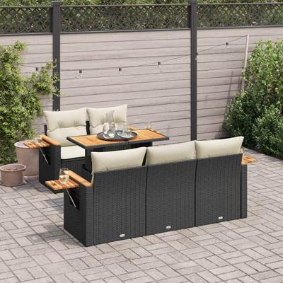 6-delige Loungeset met kussens poly rattan acacia zwart