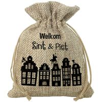 Mini Sinterklaas jute cadeau zak Welkom Sint en Piet print met koord 18 x 25 cm    - - thumbnail