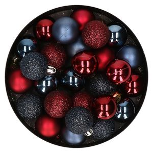 28x stuks kunststof kerstballen donkerrood en donkerblauw mix 3 cm