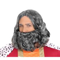 Verkleedpruik voor heren met baard - grijs - half lang haar - Carnaval - Krijger/ridder/koning