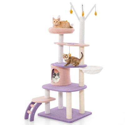 Kattenboom Paars 158 cm Katten Klimrek met Meerdere Verdiepingen en Ladder Krabpalen van Sisal Zachte Zitstok Hangmat