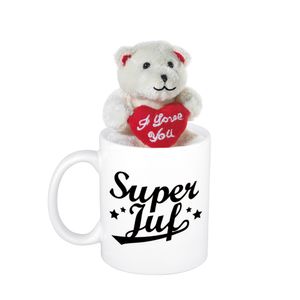 Juffendag cadeau Super juf beker / mok 300 ml met beige knuffelbeertje