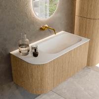 Mondiaz KURVE 95 cm Onderkast Greeploos 1 Lade Met Deuren Oak, Wastafel Solid Surface Rechts Talc 0 Kraangaten Zonder Spiegel (KRVBGS95L1L1D0KR-Oak/Tal)