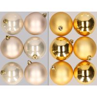 12x stuks kunststof kerstballen mix van champagne en goud 8 cm   -