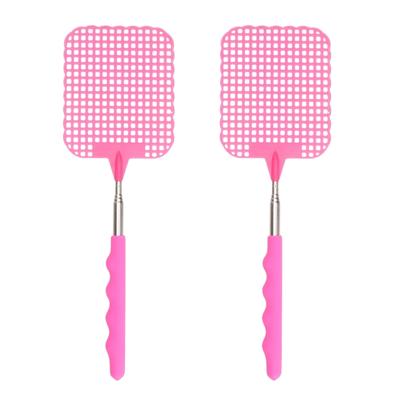 Uitschuifbare lange vliegenmepper - 2x - roze - van 34 naar 76 cm - metaal/kunststof