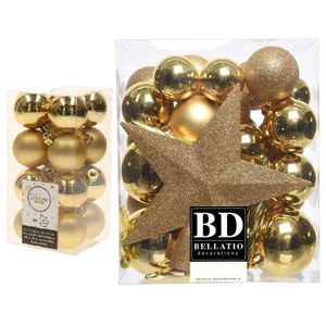 Kerstversiering kunststof kerstballen met piek goud 4-5-6-8 cm pakket van 49x stuks