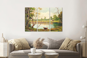 Karo-art Schilderij - Boot op meer, print op canvas , Multikleur , 3 luik , Premium print