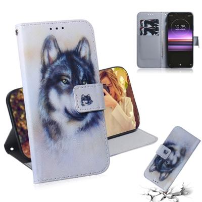 Witte Wolf patroon gekleurde tekening horizontale Flip lederen case voor Sony Xperia 1 met houder & kaartsleuven & portemonnee