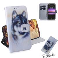 Witte Wolf patroon gekleurde tekening horizontale Flip lederen case voor Sony Xperia 1 met houder & kaartsleuven & portemonnee