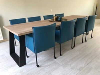Set van 8 leren kuip eetkamerstoelen - met wieltjes - blauw leer - Echt leer, Modern, ontdek de vele Leersoorten en Kleuren bij ShopX